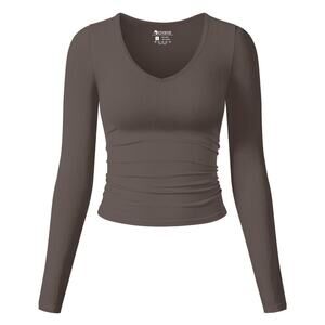 OQQ Womens Shirt Ruched Long Sleeve V Neck Basic Spring Crop Top Stretch Small